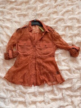 Rust Orange Lace Button-Up Blouse | Sheer Feminine Boho Chic Top